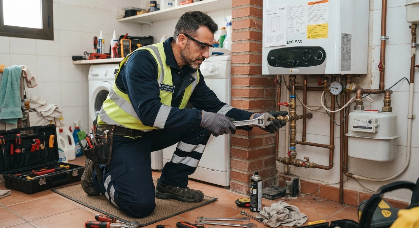 Técnico matriculado de Servicios Nuñez reparando un calefón